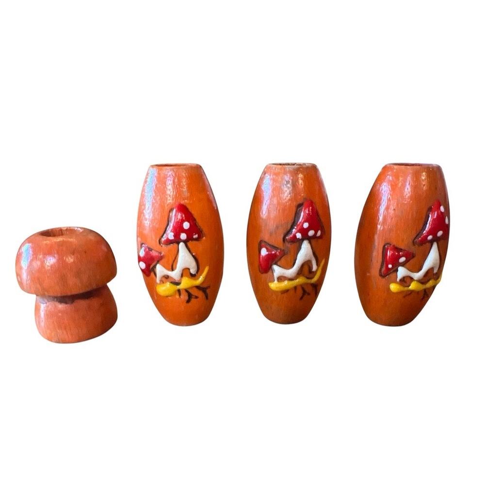 VTG Hand Painted Wooden Beads 3D Mushrooms Orange Retro Hippy DIY Necklace Craft